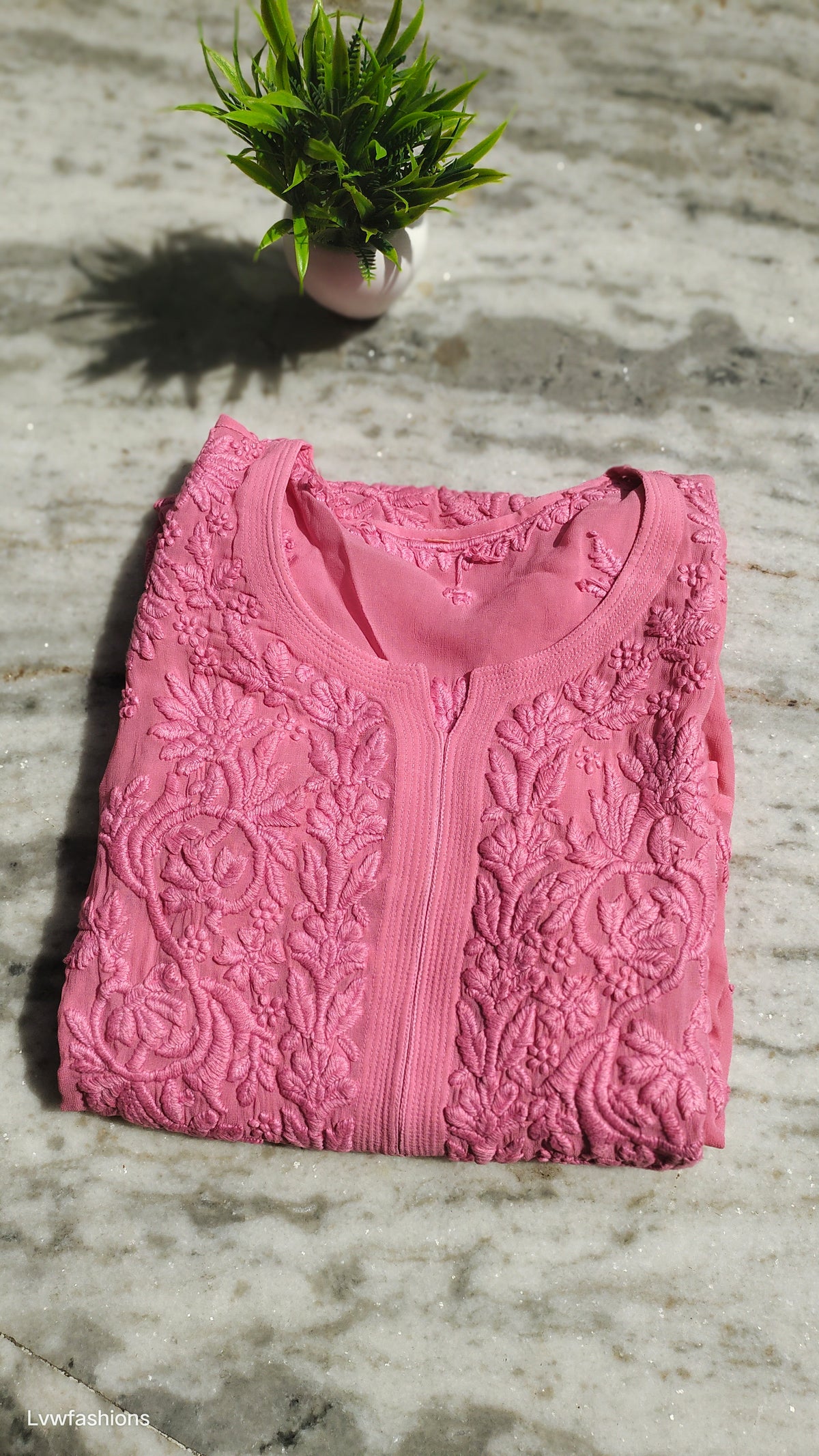 Ruhani Premium Georgette Chikankari long kurta by LVW Fashions, handmade Lucknow Chikankari with intricate embroidery and luxurious look.