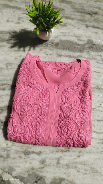 Ruhani Premium Georgette Chikankari long kurta by LVW Fashions, handmade Lucknow Chikankari with intricate embroidery and luxurious look.