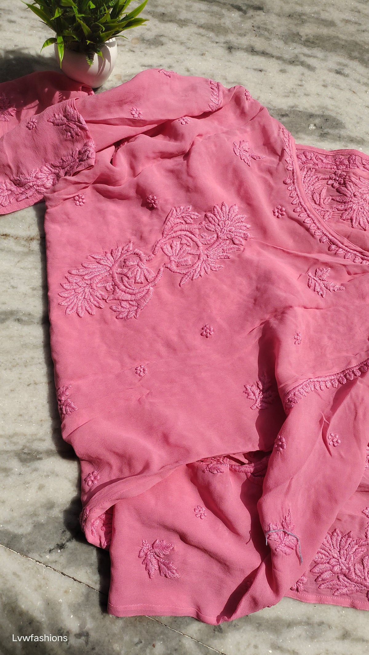 Luxurious Ruhani Premium Georgette Chikankari long kurta by LVW Fashions, handmade Lucknow Chikankari with intricate embroidery.