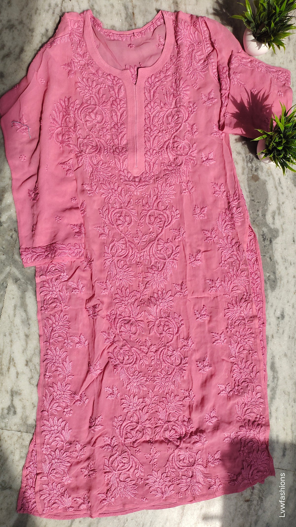 Handmade Ruhani Premium Georgette Chikankari long kurta by LVW Fashions with intricate Lucknow-style embroidery and luxurious look.