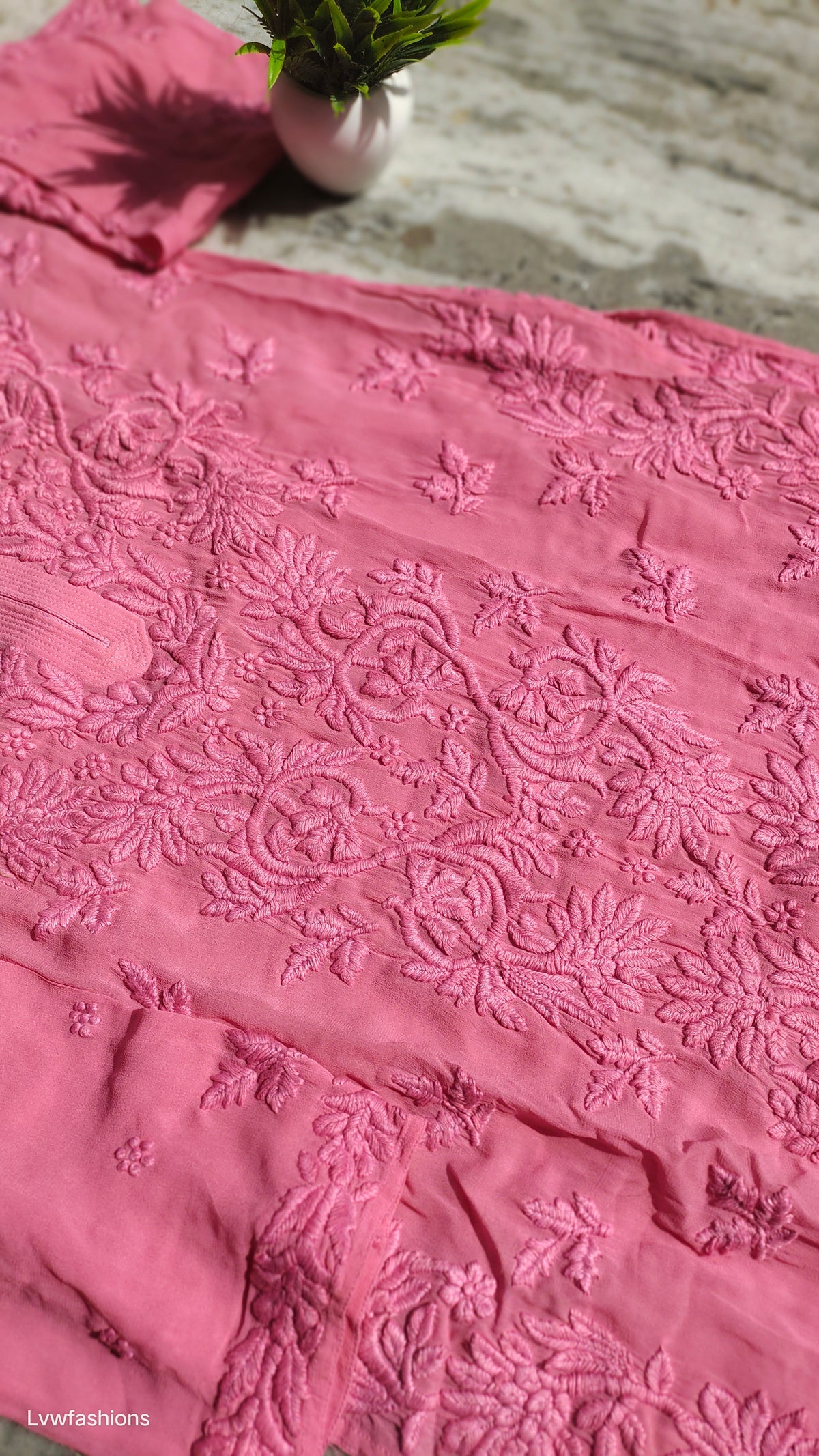 Handmade LVW Fashions Ruhani Premium Georgette Chikankari long kurta with intricate Lucknow-style embroidery.
