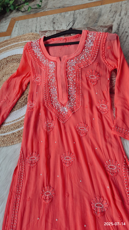 Rust orange Noori premium georgette Chikankari kurta with intricate cutdana embroidery, handmade in Lucknow by LVW Fashions.