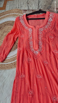 Rust orange Noori premium georgette Chikankari kurta with intricate cutdana embroidery, handmade in Lucknow by LVW Fashions.