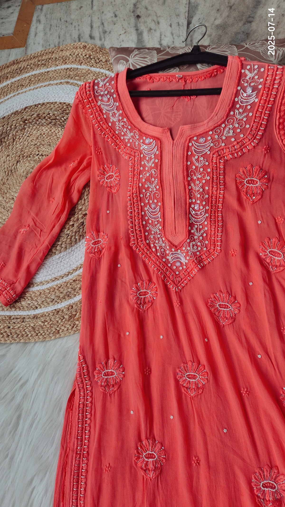 Rust orange Noori premium georgette Chikankari kurta with intricate cutdana embroidery, handmade in Lucknow by LVW Fashions.