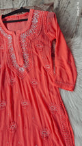 Rust orange Noori premium georgette Chikankari Kurta with intricate cutdana embroidery, handmade by LVW Fashions from Lucknow Chikankari.