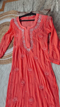 Rust orange Noori premium georgette Chikankari kurta with intricate cutdana embroidery, handmade Lucknow Chikankari by LVW Fashions.