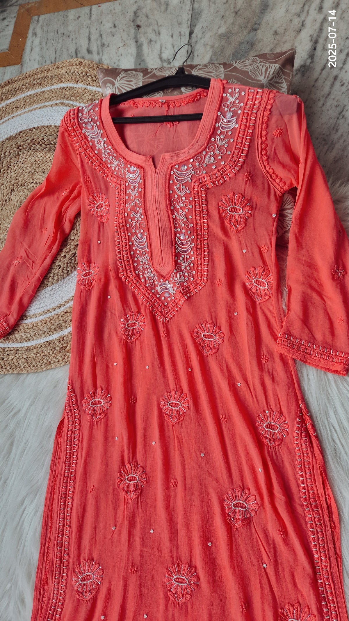 Rust orange Noori premium georgette Chikankari kurta with intricate cutdana embroidery, handmade Lucknow Chikankari by LVW Fashions.