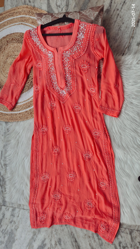 Rust orange Noori premium georgette Chikankari kurta with intricate cutdana embroidery, handmade by LVW Fashions, featuring Lucknow craftsmanship.
