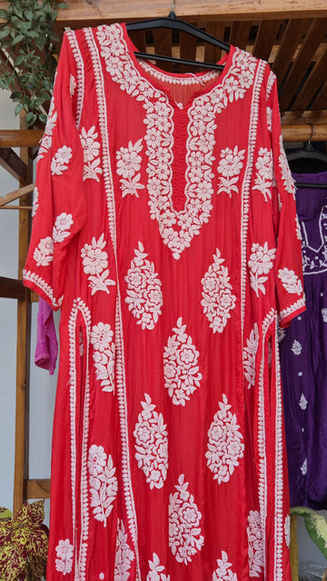 Rusty red premium silk long straight dress by LVW Fashions featuring handmade Lucknow chikankari embroidery.