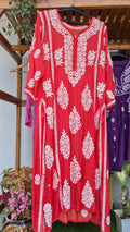 Rusty red premium silk long straight dress with handmade Lucknow chikankari embroidery, crafted by LVW Fashions.
