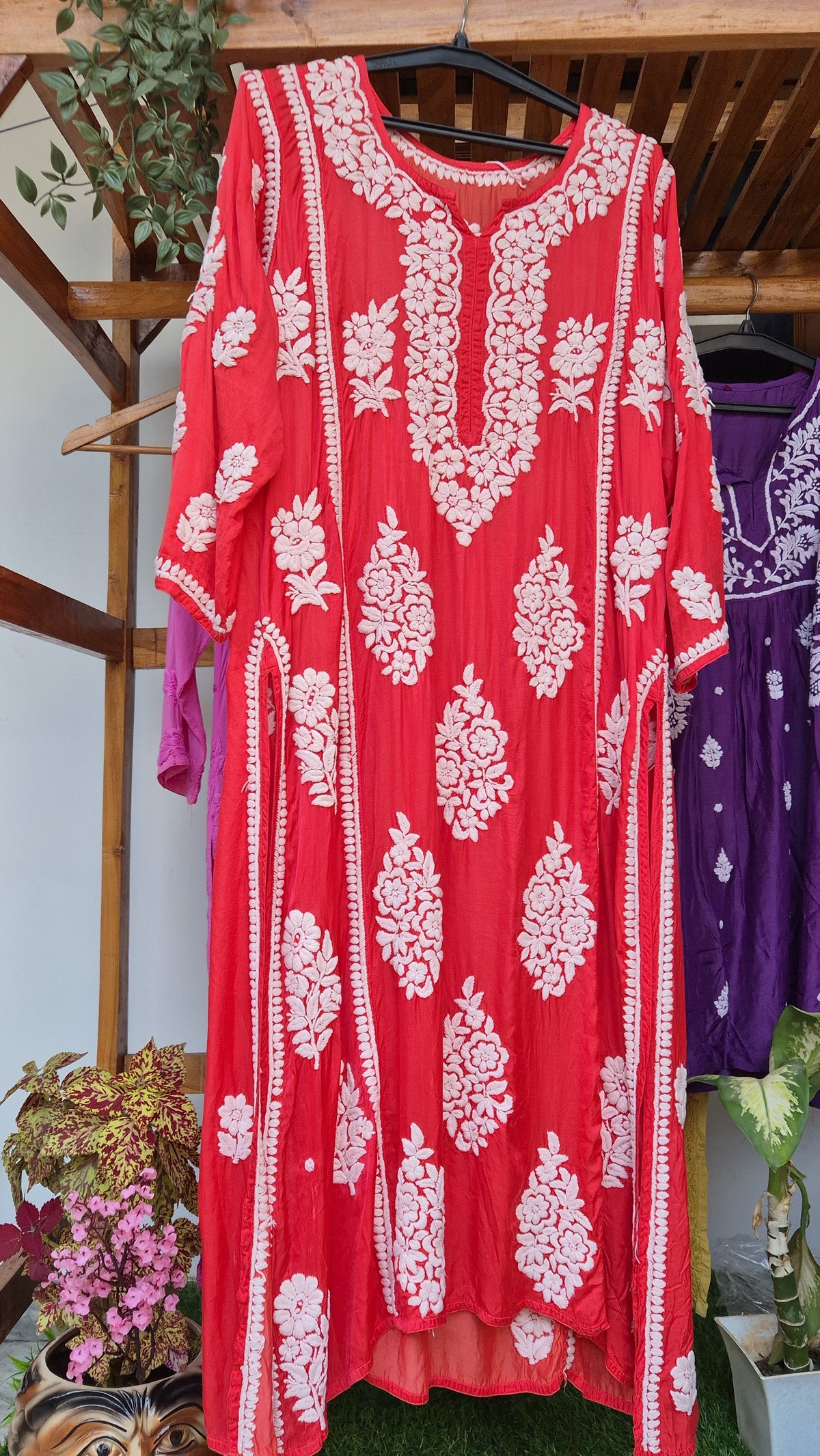 Rusty red premium silk long straight dress with handmade Lucknow chikankari embroidery, crafted by LVW Fashions.