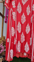 Rusty red premium silk long straight dress with intricate handmade Lucknow chikankari embroidery by LVW Fashions.