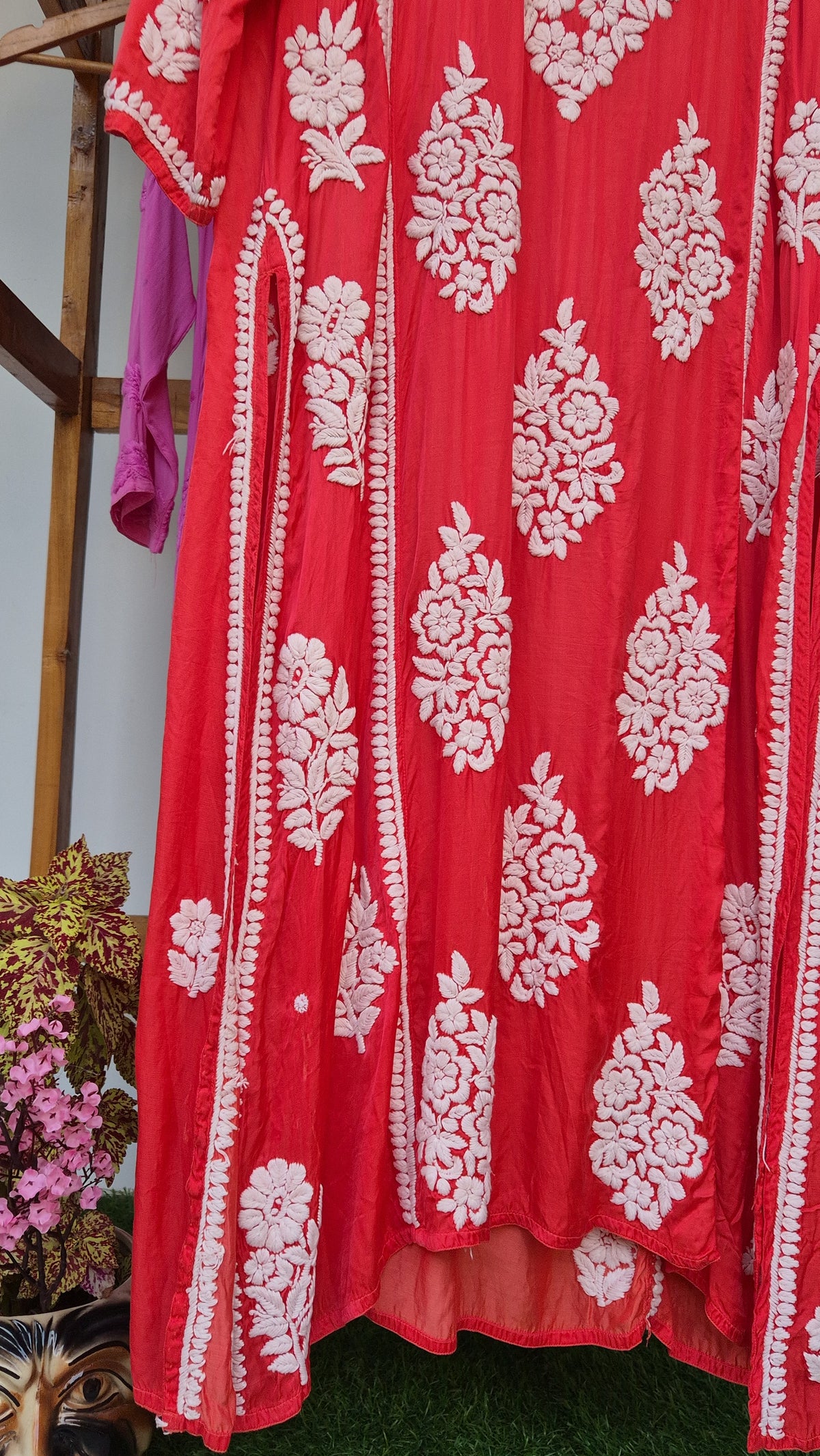 Rusty red premium silk long straight dress with intricate handmade Lucknow chikankari embroidery by LVW Fashions.