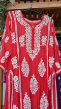 Rusty red premium silk long straight dress with handmade Lucknow chikankari embroidery, luxurious and elegant by LVW Fashions.