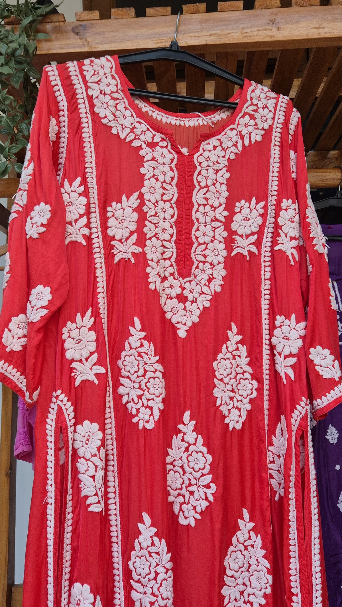 Rusty red premium silk long straight dress with handmade Lucknow chikankari embroidery, luxurious and elegant by LVW Fashions.