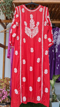 Rusty red luxury silk long straight dress with intricate handmade Chikankari embroidery by LVW Fashions, traditional Lucknow craftsmanship.