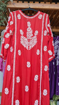 Rusty red luxurious silk long straight dress with handmade Lucknow chikankari embroidery, crafted by LVW Fashions.
