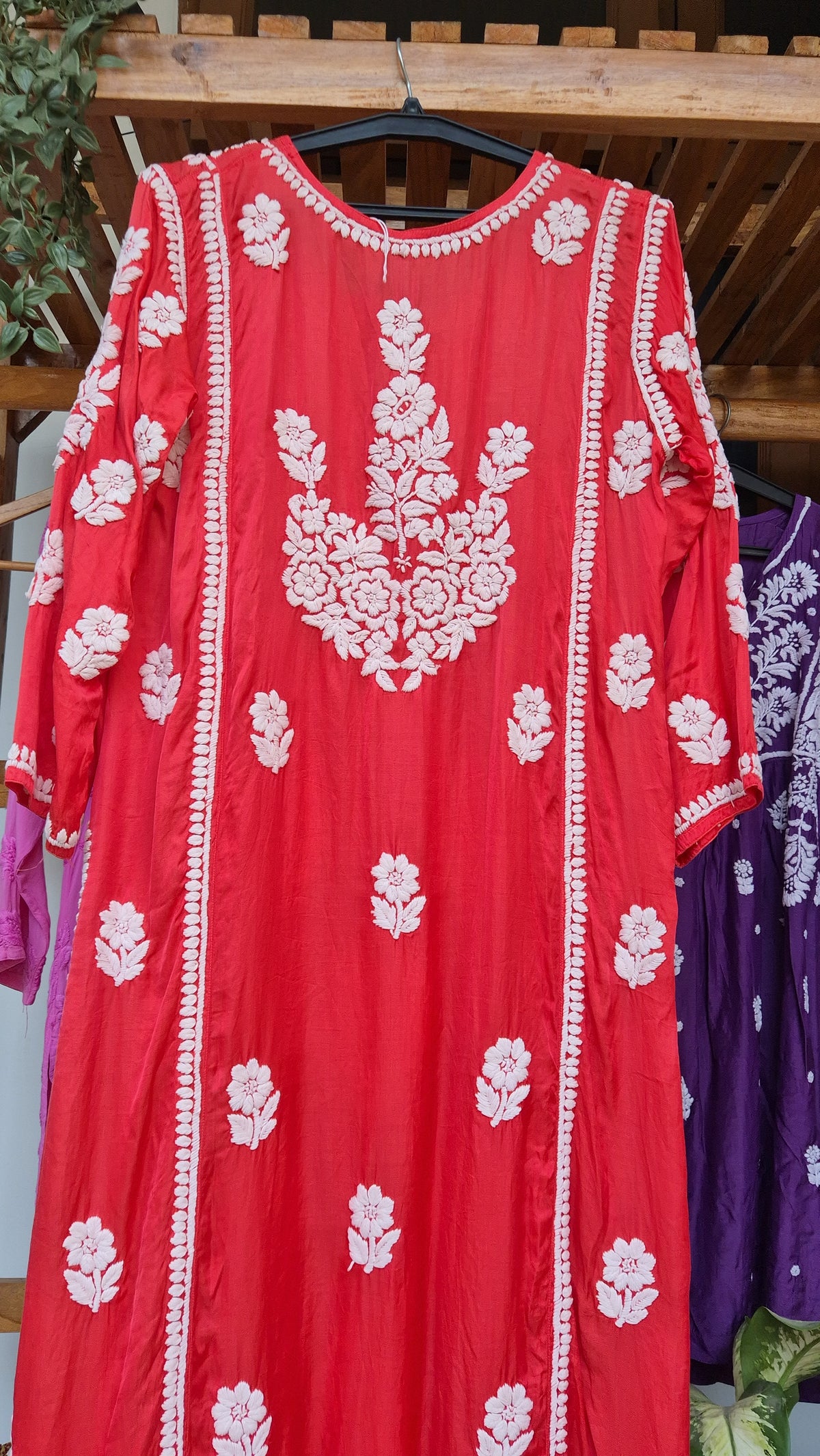 Rusty red luxurious silk long straight dress with handmade Lucknow chikankari embroidery, crafted by LVW Fashions.