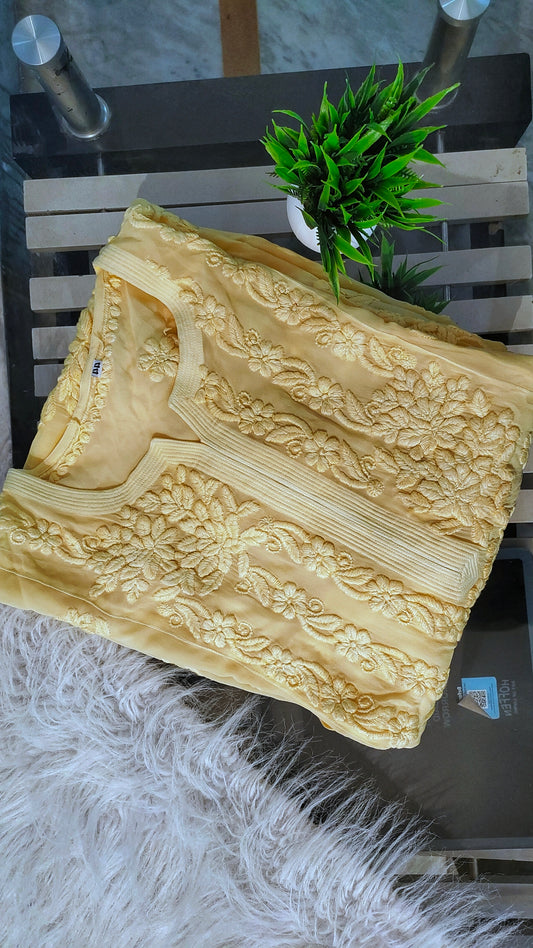 Handmade Saba Gulab Luxurious Georgette Chikankari Kurta by LVW Fashions featuring intricate Lucknow-style embroidery.