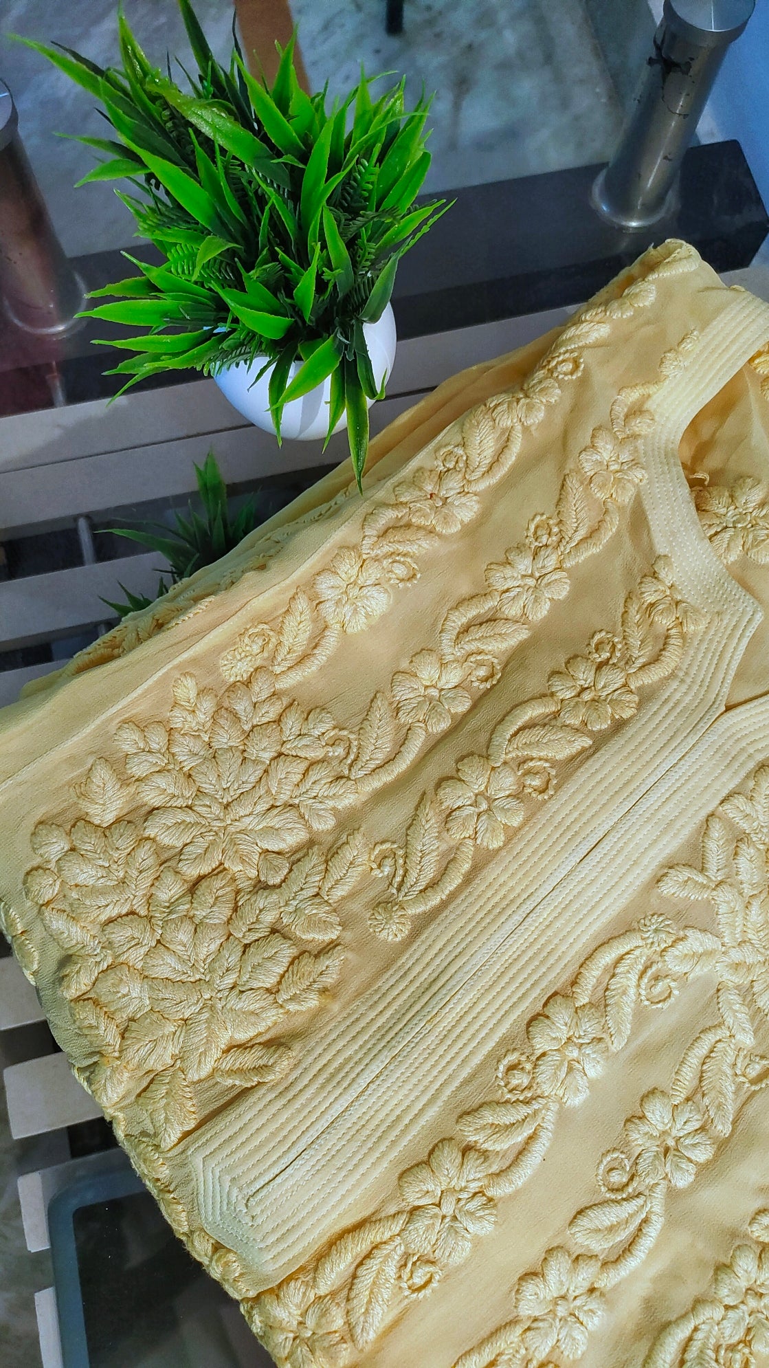 Handmade Saba Gulab Georgette Chikankari Kurta by LVW Fashions featuring intricate Lucknow Chikankari details.