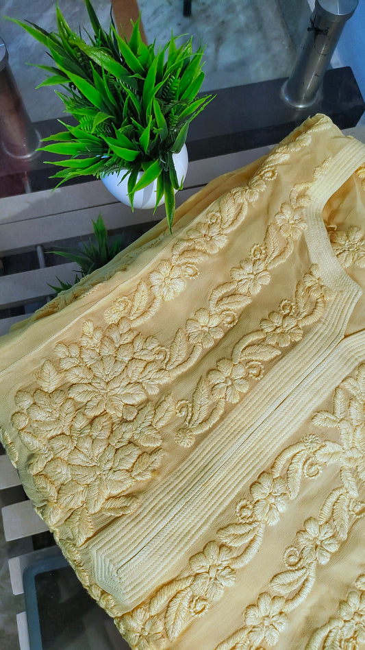 Handmade Saba Gulab Georgette Chikankari Kurta by LVW Fashions featuring intricate Lucknow Chikankari details.