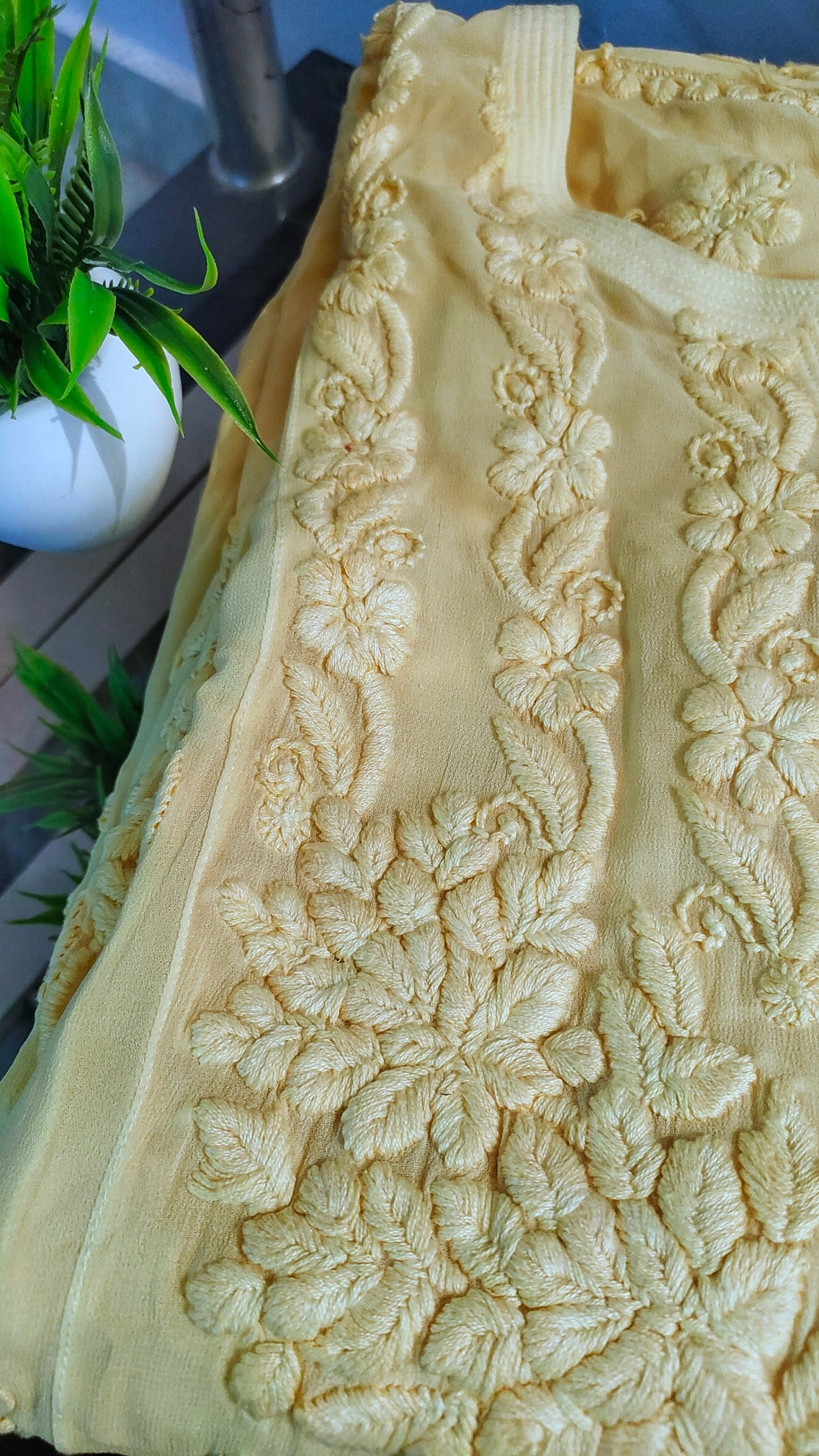 Handmade Saba Gulab Georgette Chikankari Kurta by LVW Fashions, luxurious look, delicate Lucknow embroidery, short kurta for women.