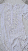 Beautiful white Safed Premium Georgette Chikankari long kurta with intricate Lucknow-style embroidery and Kamdani add-on by LVW Fashions.