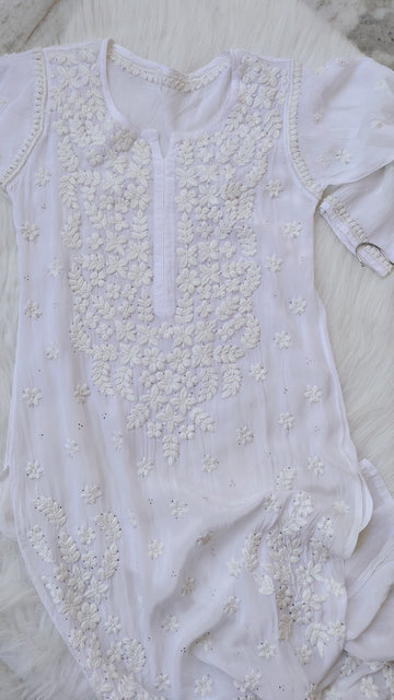 Beautiful white Safed Premium Georgette Chikankari long kurta with intricate Lucknow-style embroidery and Kamdani add-on by LVW Fashions.