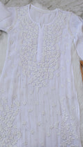 Handmade Safed Premium Georgette Chikankari long kurta with Kamdani embellishments from LVW Fashions, featuring intricate Lucknow chikankari.
