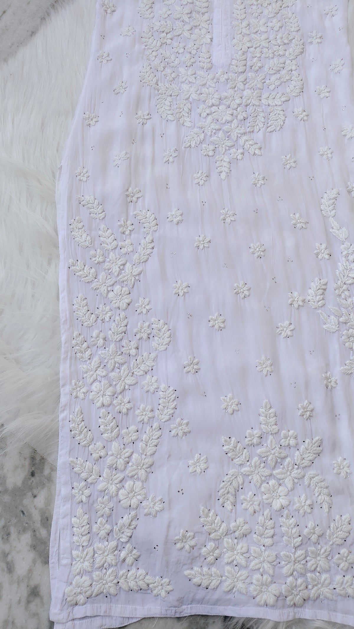 Safed Premium Georgette Chikankari Long Kurta with Kamdani Add-on by LVW Fashions, traditional handmade Lucknow Chikankari.