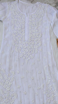 Safed Premium Georgette Chikankari long kurta with Kamdani add-on by LVW Fashions, featuring intricate hand-embroidery from Lucknow.