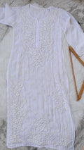 Handmade Safed Premium Georgette Chikankari long kurta with Kamdani add-on by LVW Fashions, featuring intricate Lucknow-style embroidery.