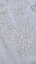 Safed Premium Georgette Chikankari Long Kurta with Kamdani add-on by LVW Fashions, handmade Lucknow chikankari design.