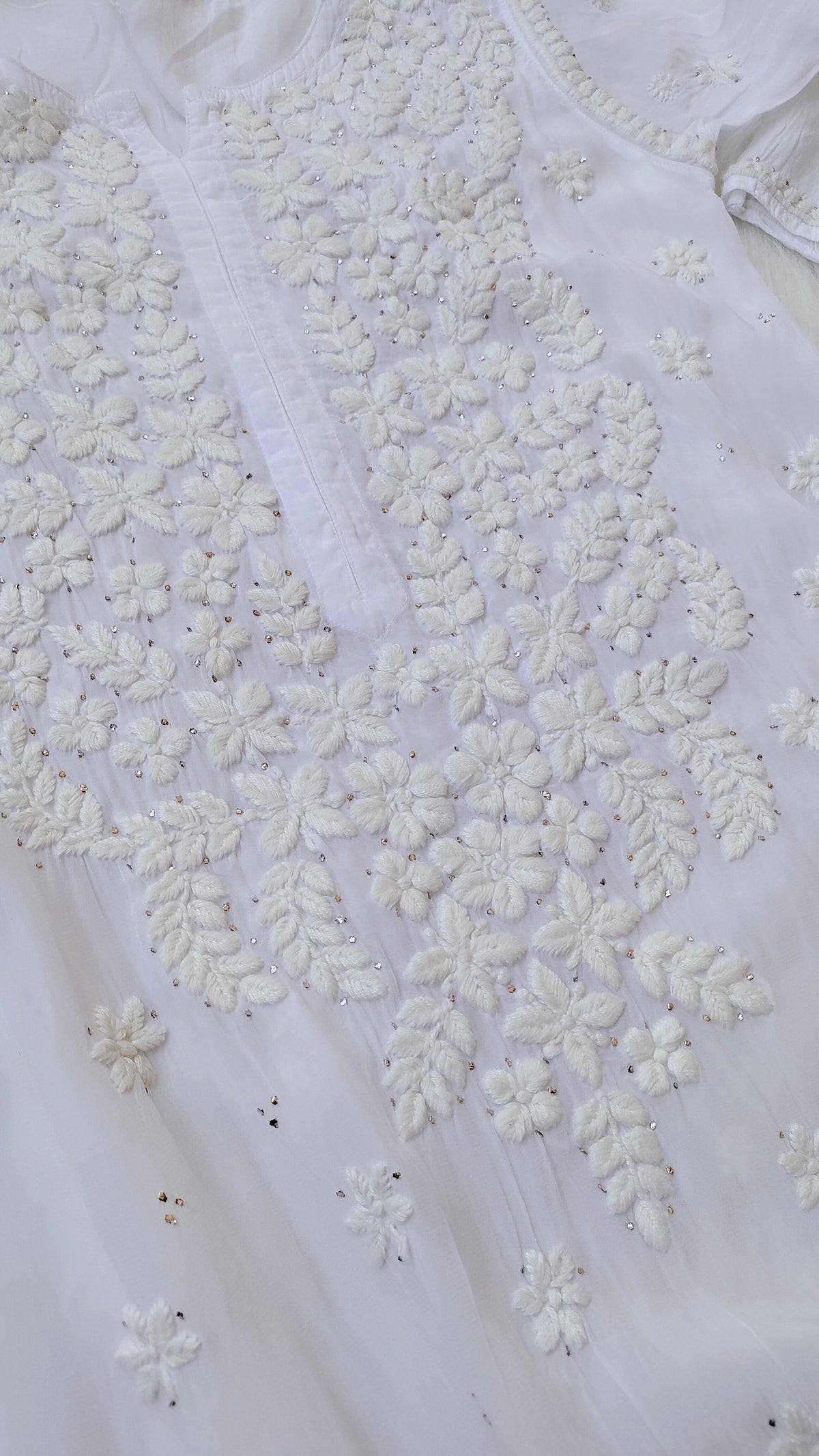 Safed Premium Georgette Chikankari Long Kurta with Kamdani add-on by LVW Fashions, handmade Lucknow chikankari design.