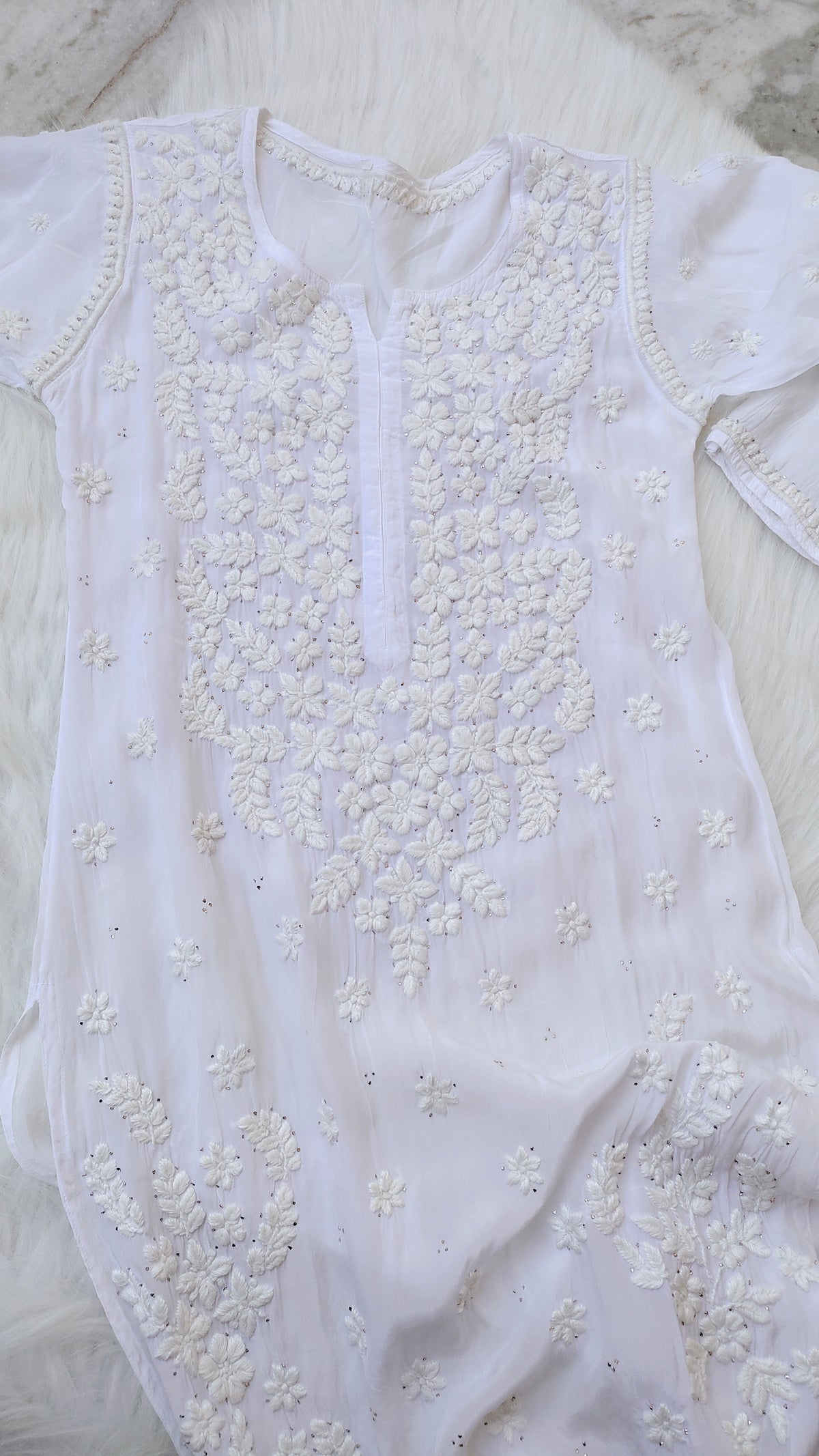 Safed Premium Georgette Chikankari long kurta by LVW Fashions with intricate hand embroidery and Kamdani add-on.