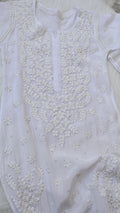 Handmade Safed Premium Georgette Chikankari long kurta with Kamdani add-on by LVW Fashions, featuring intricate Lucknow-style embroidery.