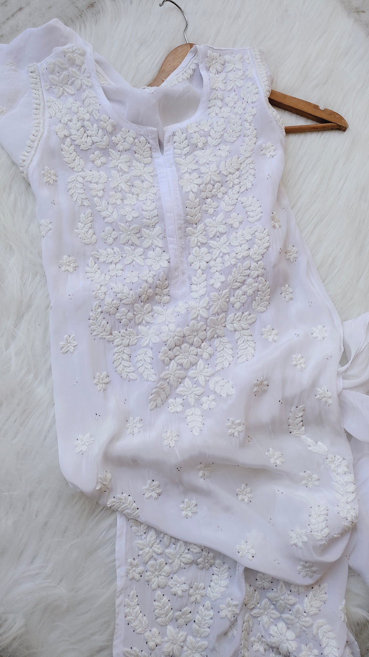Safed Premium Georgette Chikankari Long Kurta with Kamdani add-on by LVW Fashions, featuring intricate Lucknow-style embroidery.