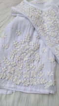 Safed Premium Georgette Chikankari long kurta with Kamdani embellishments, handmade by LVW Fashions in Lucknow Chikankari style.