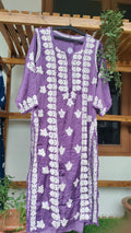 Deep purple luxury silk Chikankari kurta by LVW Fashions, handcrafted long kurta with intricate Lucknow embroidery.