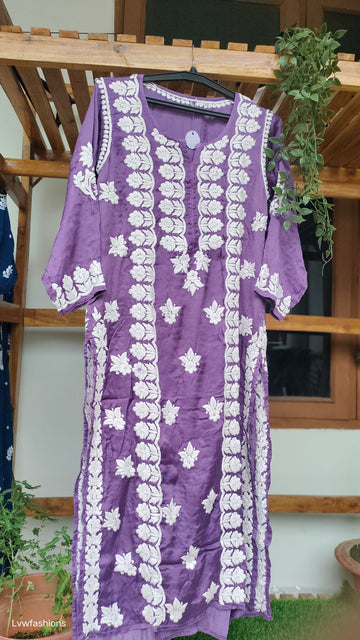 Deep purple luxury silk Chikankari kurta by LVW Fashions, handcrafted long kurta with intricate Lucknow embroidery.