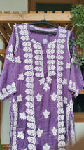 Deep purple silk Chikankari kurta by LVW Fashions, long and luxurious, handcrafted in Lucknow with intricate embroidery.