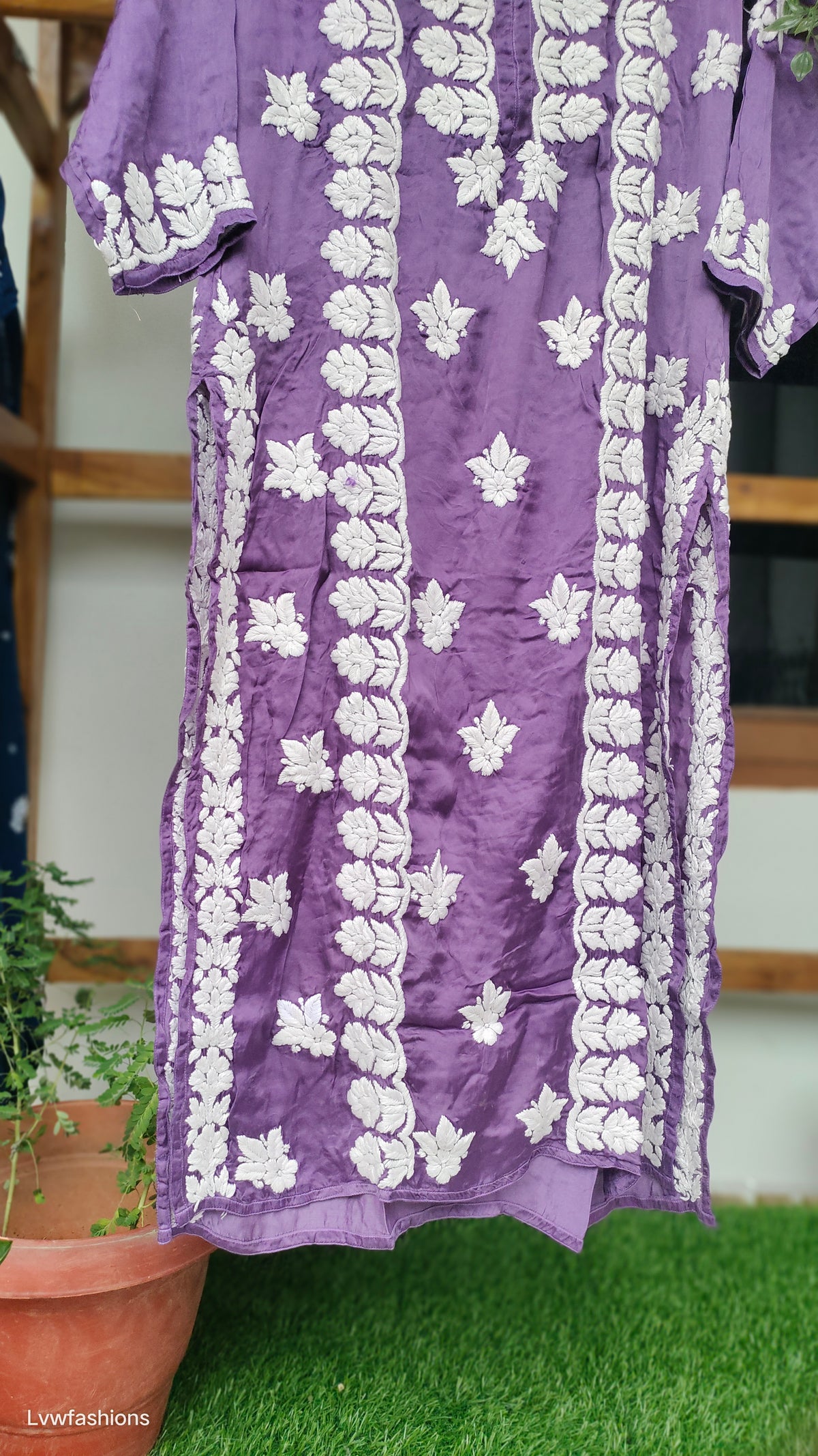 Deep purple silk Kurta with intricate white Chikankari embroidery from LVW Fashions, long and luxurious for elegant traditional wear.