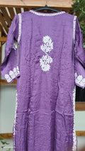Deep purple silk long Chikankari Kurta by LVW Fashions, handmade in Lucknow with intricate embroidery and luxurious fabric.