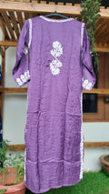 Deep purple silk long Chikankari kurta by LVW Fashions with intricate handmade Lucknow embroidery.