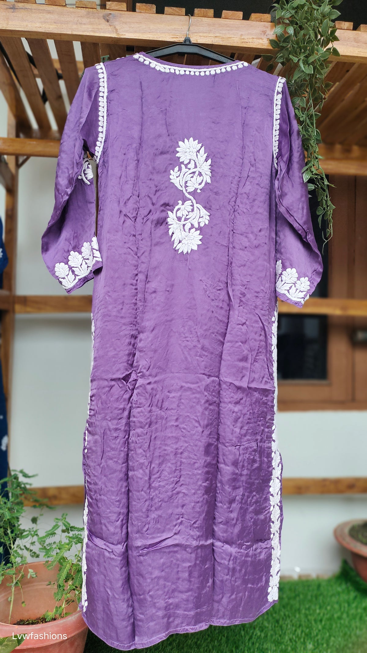 Deep purple silk long Chikankari kurta by LVW Fashions with intricate handmade Lucknow embroidery.
