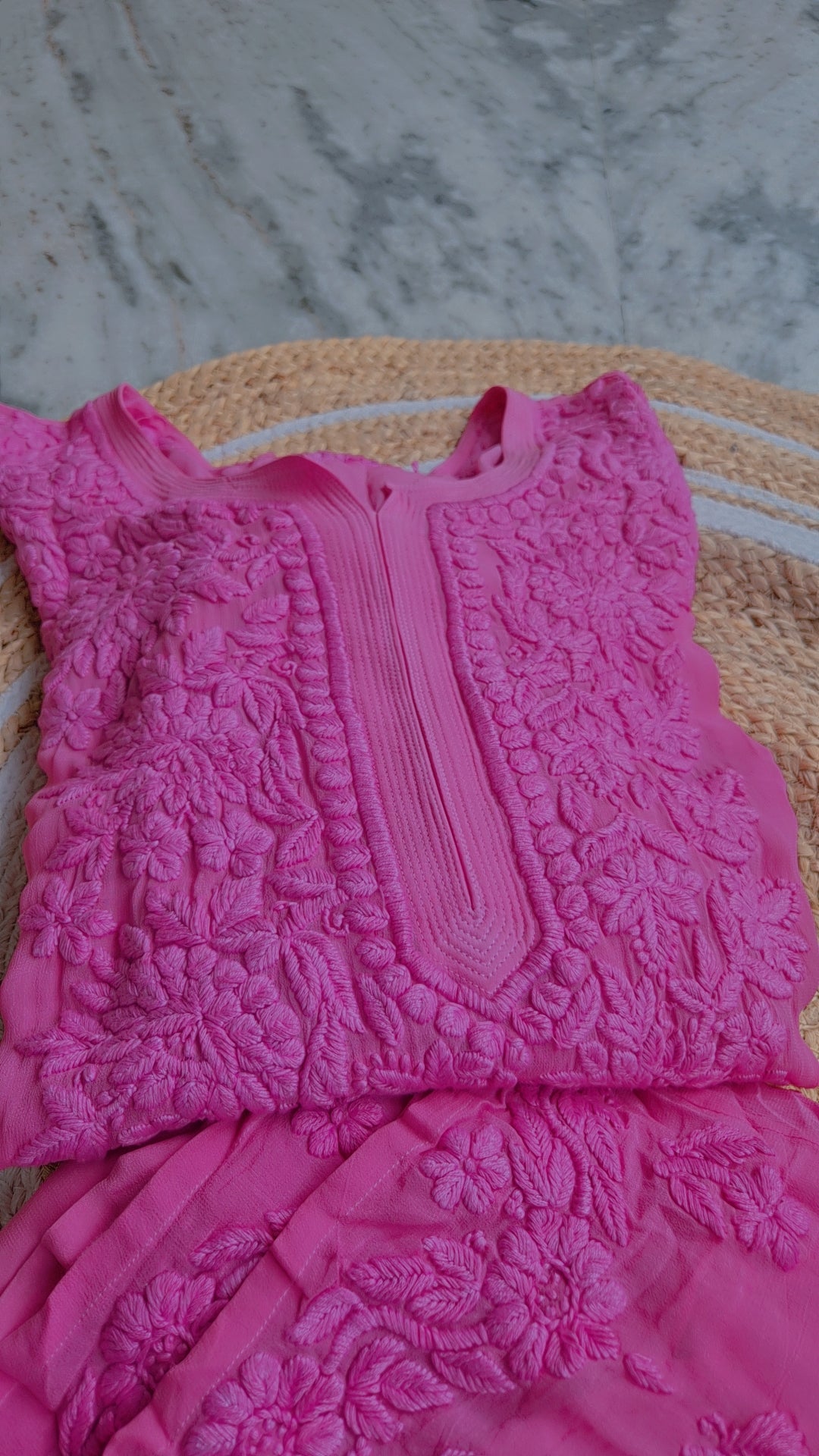 Pinkish lavender long Kurta set by LVW Fashions, handmade georgette with luxurious Lucknow chikankari embroidery.