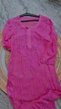 Pinkish lavender long Kurta set by LVW Fashions with handmade Lucknow Chikankari on premium georgette fabric.