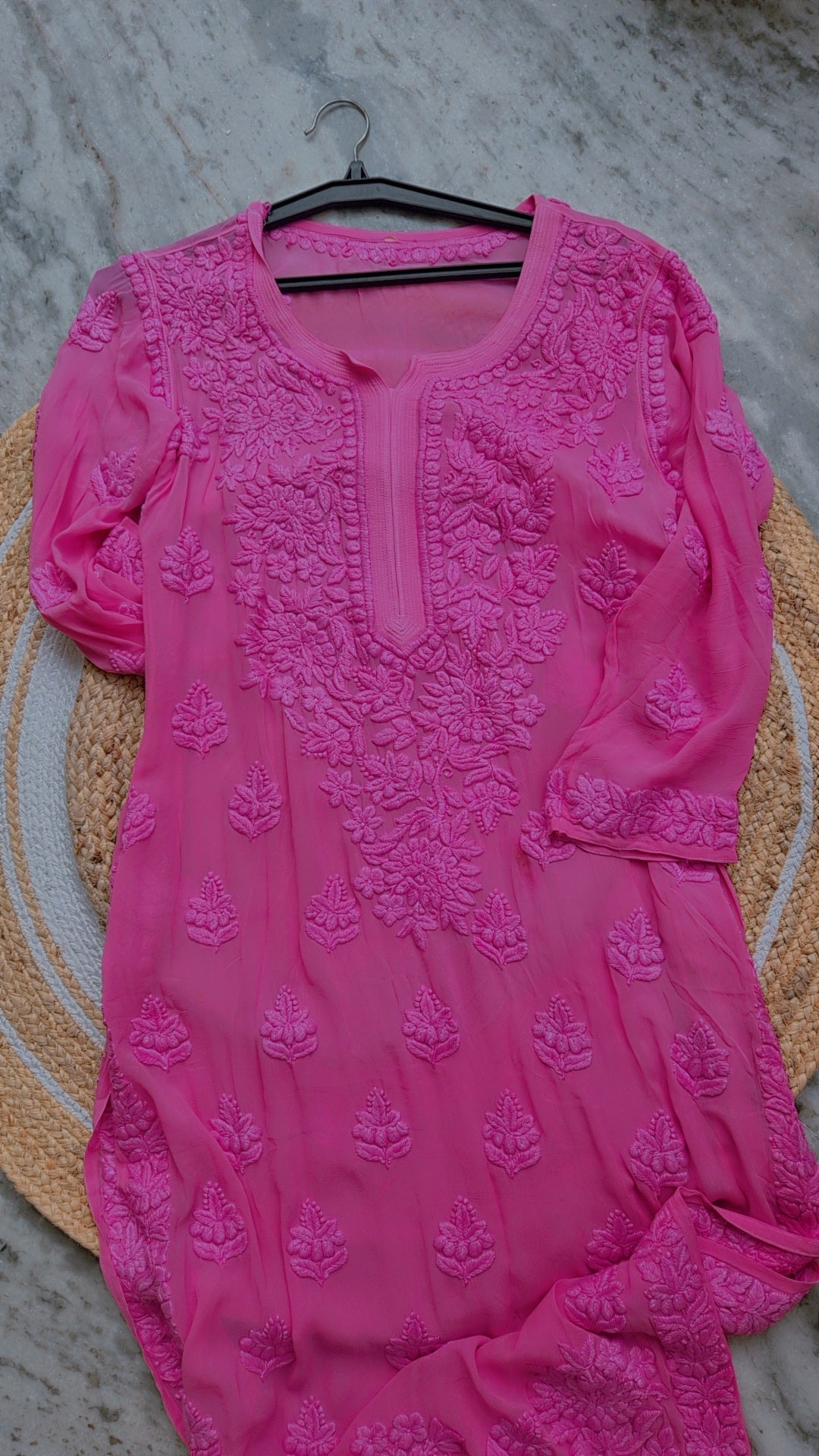 Pinkish lavender long Kurta set by LVW Fashions with handmade Lucknow Chikankari on premium georgette fabric.