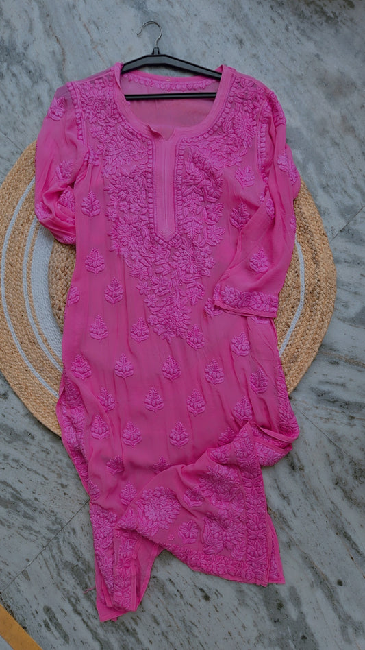 Pinkish lavender handmade georgette long kurta set with intricate Lucknow chikankari from LVW Fashions, luxurious and elegant.