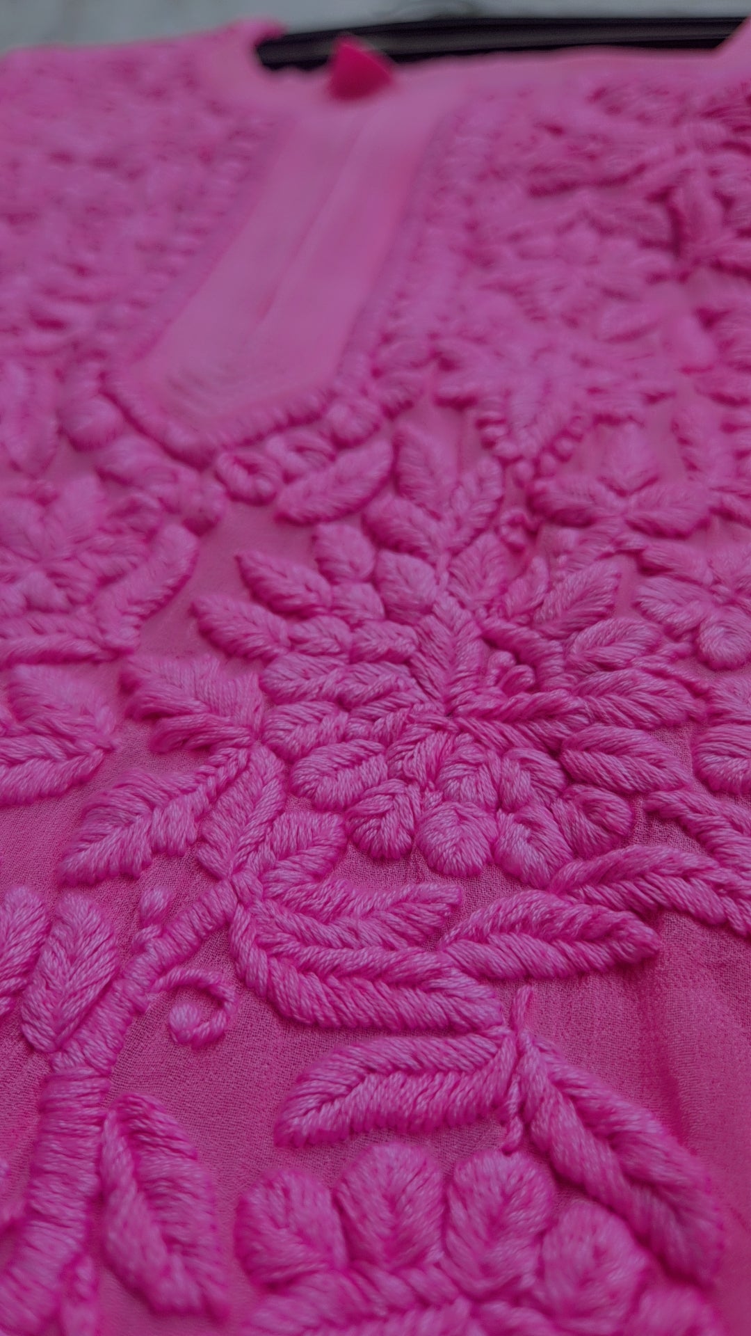 Pinkish lavender Georgette long Kurta set with intricate Lucknow Chikankari embroidery by LVW Fashions.